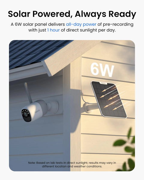 Top Shelf 2K Wireless Outdoor Security Camera Equipped With Badass Solar Power And Massive Battery Reserve Plus 10 Second Pre Recording For Legit Motion Triggers And Slick Night Vision Clarity mounted with a 6W solar panel.