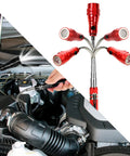 Red Magnetic Flashlight Pickup Tool With LED Telescoping Magnet Gadget in use for auto work in tight engine spaces.