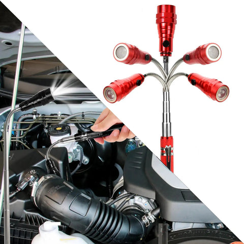 Red Magnetic Flashlight Pickup Tool With LED Telescoping Magnet Gadget in use for auto work in tight engine spaces.