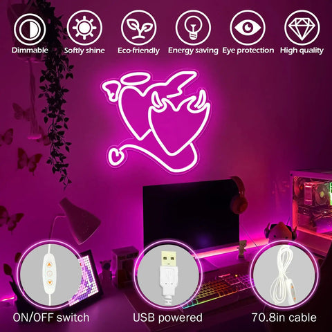 Pink Heart Angel Devil Neon Sign LED Light for Bedroom Wall Decor 14 by 13 Inch in home office setting