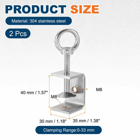 Two Pack 304 Stainless Steel Tiger Clamps, 40mm Square U Clip With Eye Hook Screw, Heavy Duty C Clamp For Woodworking, Welding, Mounting, Adjustable Mini Clamp Set For Secure Holds, 304 stainless steel clamp with 40 mm size and M8 holes