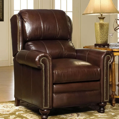 Top Shelf Solid Brass Tacks For Furniture Fixes Killer Retro Upholstery Nails used on a brown leather chair with brass studs.