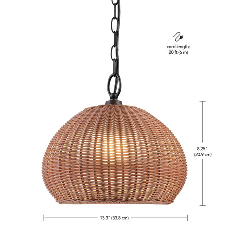 One Light Outdoor Plug In Pendant Lighting With Plastic Rattan Shade Frosted Inner Layer Bronze Hanging Cord And Chain