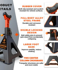 Heavy Duty 6 Ton Jack Stands With Crossbars For Cars And Trucks Featuring Double Pin Locking Mechanism and Protective Rubber Tops.