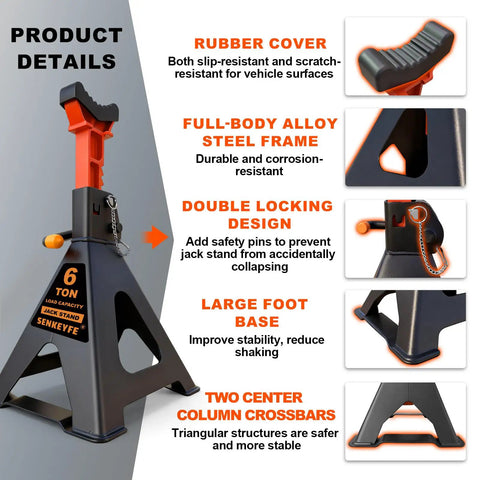 Heavy Duty 6 Ton Jack Stands With Crossbars For Cars And Trucks Featuring Double Pin Locking Mechanism and Protective Rubber Tops.