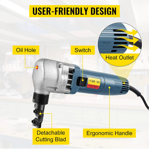 Electric Metal Nibbler Crazy Fast Cuts 380W 1800RPM Heavy Duty Cutter showing ergonomic handle and detachable cutting blade