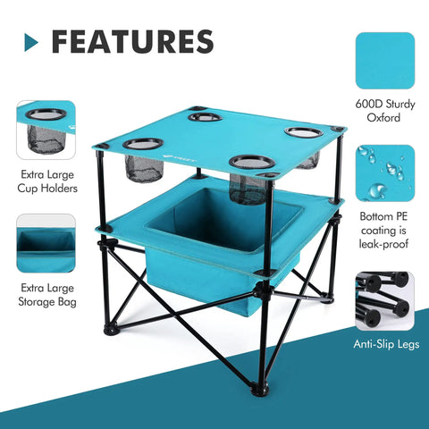 Lightweight Portable Camping Picnic Table With 4 Cup Holders And Carry Bag, blue 600D Oxford, storage bag, anti-slip legs.