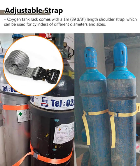 Wall Mounted Cylinder Rack In Durable ABS Plastic With Adjustable Safety Chain showing oxygen tank strap and tanks