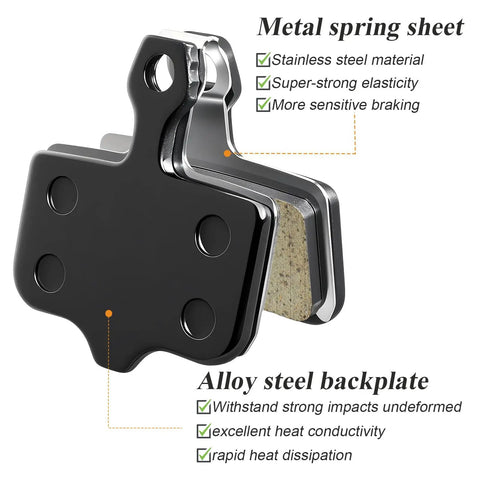 Close-up of 4 Pairs MTB Disc Brake Pads Kit with metal spring sheet and alloy steel backplate, highlighting key features.