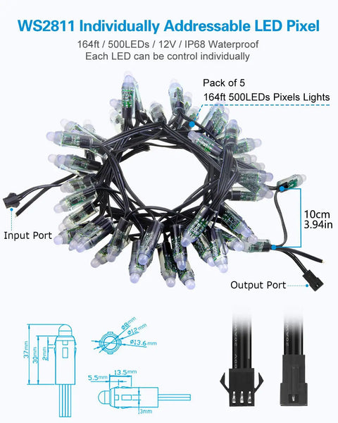Individually Addressable 12V WS2811 LED Pixel Bullets, 12mm Diffused RGB Lights, 500 Pcs IP68 Waterproof, coiled with ports visible