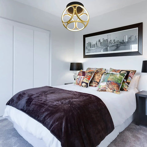 Dope Gold And Black Round LED Flush Mount Light With 2000 Lumen 3000K Warm White Finish Close To Ceiling in bedroom