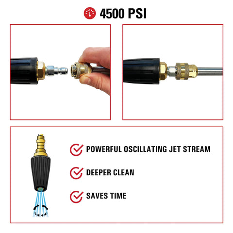 Simpson Cleaning 80144 turbo pressure washer nozzle, 4500 PSI, 1/4 in quick-connect, brass fittings, two close-up views