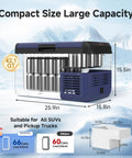 42Qt 12V Car Refrigerator Portable Electric Cooler With Smart App Control And Waterproof Build, Straight Up Silent Compressor Fridge, shows dimensions and can hold 66 cans.