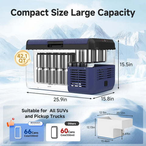 42Qt 12V Car Refrigerator Portable Electric Cooler With Smart App Control And Waterproof Build, Straight Up Silent Compressor Fridge, shows dimensions and can hold 66 cans.