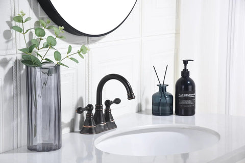 Oil Rubbed Bronze Centerset Bathroom Faucet With Two Handles For Three Hole Sinks 4 Inch Swivel Spout Overflow Pop Up Drain