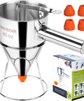 Smooth Pour 40 Oz Stainless Steel Pancake Batter Dispenser And Multi Nozzle Kitchen Funnel with orange silicone tips and stand.
