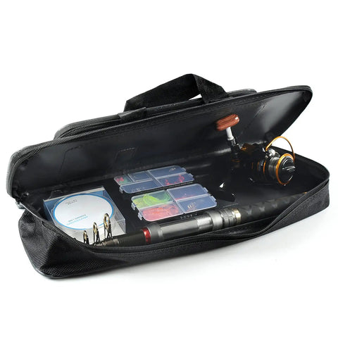 Open view of Durable Fishing Rod Bag 600D Oxford Organizer with tackle boxes, reel, and line inside for 45cm to 60cm poles.
