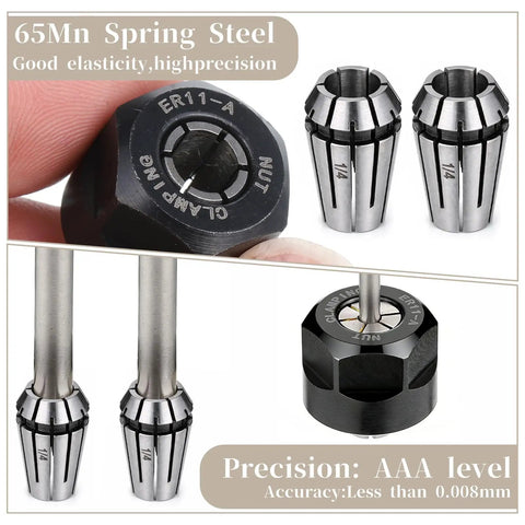 ER11 Spring Collet Set 1/4 Inch CNC Lathe Milling Tool Chucks With Clamping Nut, Precision 65Mn Steel For Engraving And Machining, Dual Collets Pack Bundle image showing two metal chucks and clamping nut.