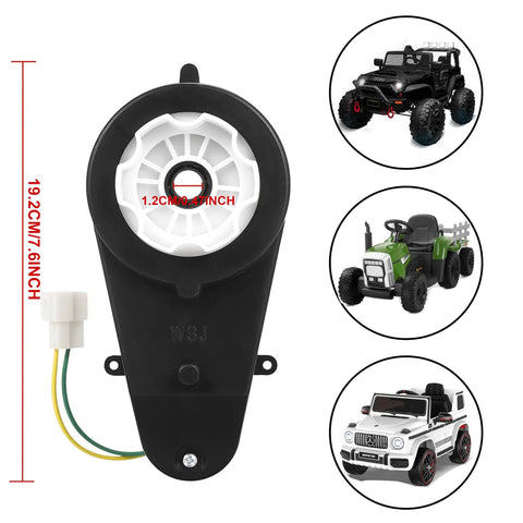 Two Pack 12V 40000 RPM High Speed RS550 Motor Gearbox for Kids Ride On Cars, shown with compatible toy vehicles