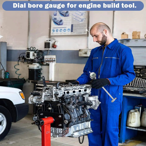 Mechanic using Digital Dial Indicator Bore Gauge 2 To 6 Inch Range With 0.01 mm 0.0003 Inch Precision on engine block in workshop