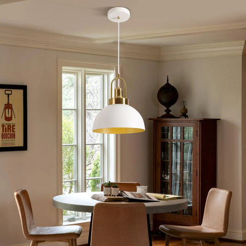 Rustic White Farmhouse Pendant Light Fixture With Retro Geometric Dome, Solid Metal Construction in dining room setting