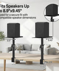 Heavy Duty Clamp On Desk Speaker Stands Pair With Height And Angle Adjustable Platforms Built In Cable Management And Headset Hook Perfect For Large Studio Monitors Laptops Projectors Routers And More Fits Edifier KRK Klipsch Yamaha shown fitting speakers up to 8.9 x 9.45 inches on a desk.