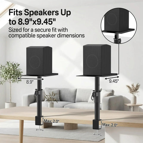 Heavy Duty Clamp On Desk Speaker Stands Pair With Height And Angle Adjustable Platforms Built In Cable Management And Headset Hook Perfect For Large Studio Monitors Laptops Projectors Routers And More Fits Edifier KRK Klipsch Yamaha shown fitting speakers up to 8.9 x 9.45 inches on a desk.