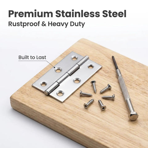 Close-up of Six Pack 2.5 Inch Stainless Steel Butt Hinges with screws on wood, illustrating rust-resistant durable hardware.