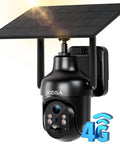 Heavy Duty Solar Security Camera With 4G LTE And Built In Sim Card For Outdoor Wireless Use mounted on a wall with solar panel.