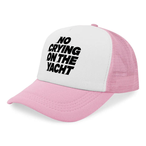 Lightweight Pink Trucker Cap For Men, Washed Distressed Low Profile Baseball Hat with 'No Crying On The Yacht' text on front.