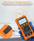 6000 Count Digital Multimeter With TRMS Auto Range And NCV displayed near electrical outlet with NCV sensing area highlighted.