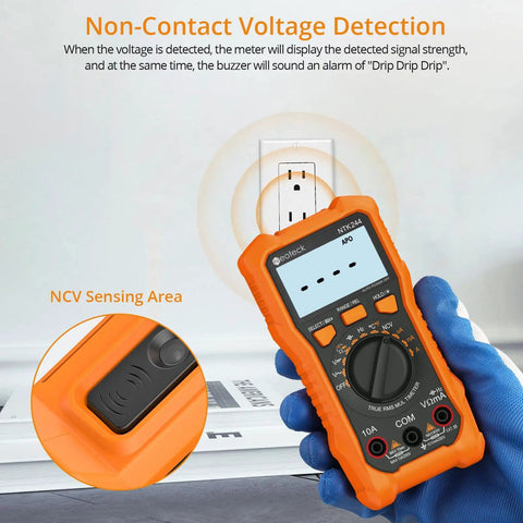 6000 Count Digital Multimeter With TRMS Auto Range And NCV displayed near electrical outlet with NCV sensing area highlighted.