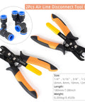 Push To Connect Air Line Disconnect Tool Kit With Release Pliers for Quick Disconnect Fittings and fittings displayed