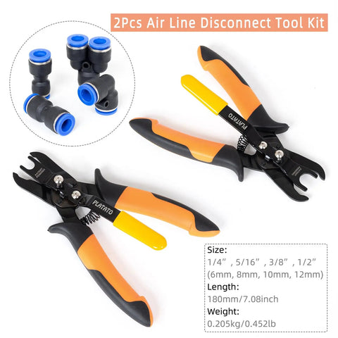 Push To Connect Air Line Disconnect Tool Kit With Release Pliers for Quick Disconnect Fittings and fittings displayed
