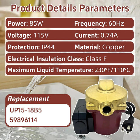 Smooth Operator 115V 1/25 HP Circulator Pump For Domestic Hot Water And Heating Units Fast Swap Heavy Duty Upgrade For 59896114 Up15 18b5 with copper material details.