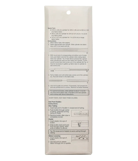 Back packaging of Versatile Fabric Tube Turner Set For DIY Sewing With Three Cylinder Sizes One Sixteenth Inch Three Eighths Inch And One Half Inch Plus Ball Point Bodkin Drawstring Threader For Easy Tube Turning And A Handy Must Have Tool Bundle showing usage instructions.
