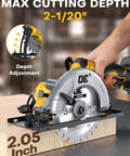 Badass Brushless Cordless Circular Saw Slick 6 Inch Blade Kicks Butt With DeWalt 20V Compatible showing depth adjustment at 2-1/20 inch.