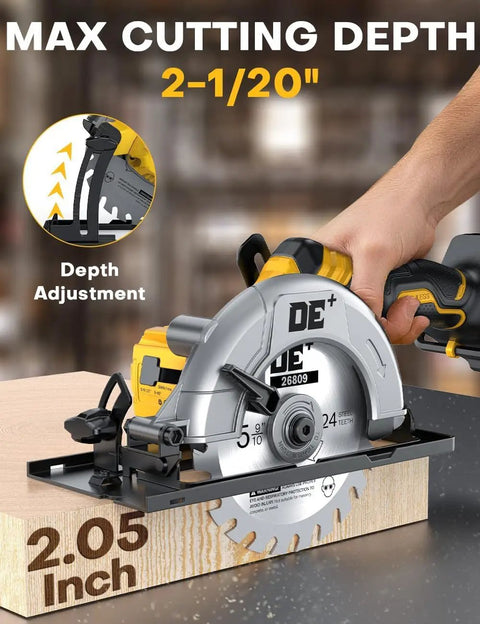Badass Brushless Cordless Circular Saw Slick 6 Inch Blade Kicks Butt With DeWalt 20V Compatible showing depth adjustment at 2-1/20 inch.