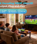 Family watching sports on TV using Plug And Play Wireless HDMI Transmitter And Receiver, 328 Feet Range, 4K Decode And 1080P At 60Hz
