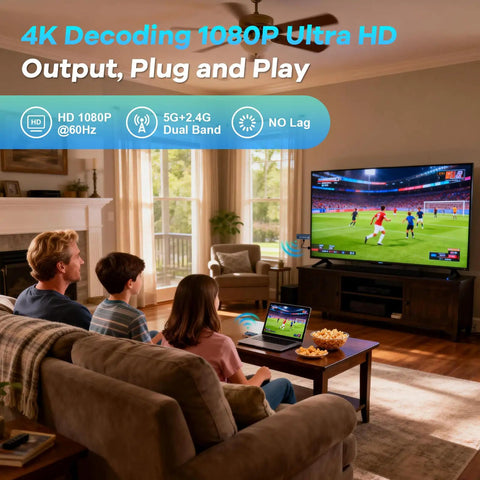 Family watching sports on TV using Plug And Play Wireless HDMI Transmitter And Receiver, 328 Feet Range, 4K Decode And 1080P At 60Hz