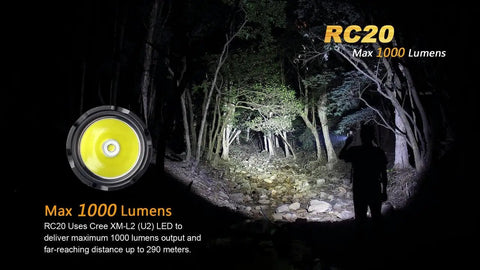 Person using Premium Bundle 1000 Lumen Beast Mode Bright Rechargeable Tactical LED Flashlight illuminating forest path at night.