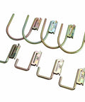 8 Piece Heavy Duty E Track Hooks Set J And L Style For Cargo Tie Downs In Trucks Trailers And Vans With Spring Fittings Rust Resistant Steel Hangers For E Track And X Track Systems Gold, 4 J-hooks and 4 L-hooks shown on white background.