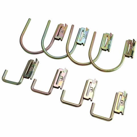 8 Piece Heavy Duty E Track Hooks Set J And L Style For Cargo Tie Downs In Trucks Trailers And Vans With Spring Fittings Rust Resistant Steel Hangers For E Track And X Track Systems Gold, 4 J-hooks and 4 L-hooks shown on white background.