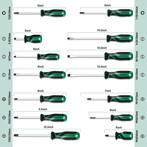 Magnetic Screwdriver Set With Storage Case And Magnetizer 27 Piece Bi Material Screwdrivers Includes Slotted Phillips Torx And Precision Screwdrivers For Everyday DIY Ready Household Repairs And Home Improvement size chart, displays green and black handle designs.