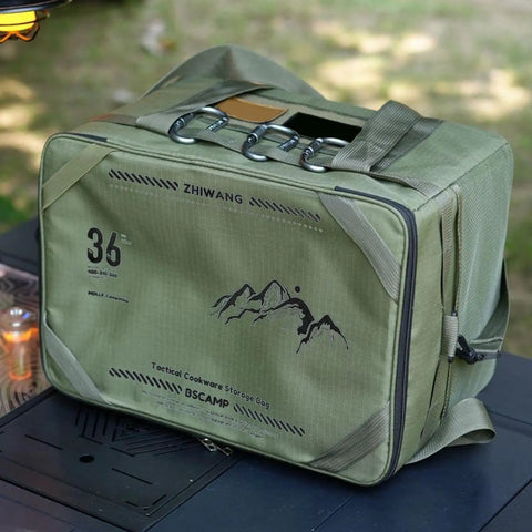 Side view of 36L Travel Duffle Bag With Shockproof Storage System suitable for camping, showing mountain design in green color.