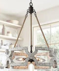 Farmhouse Drum Chandelier With Hemp Rope And Wood Four Light Rustic Pendant For Dining Room Handmade Distressed White Finish