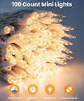 Clear Christmas Lights Set With 100 Mini Bulbs On White Wire 20 Feet Incandescent String Lights glowing warmly