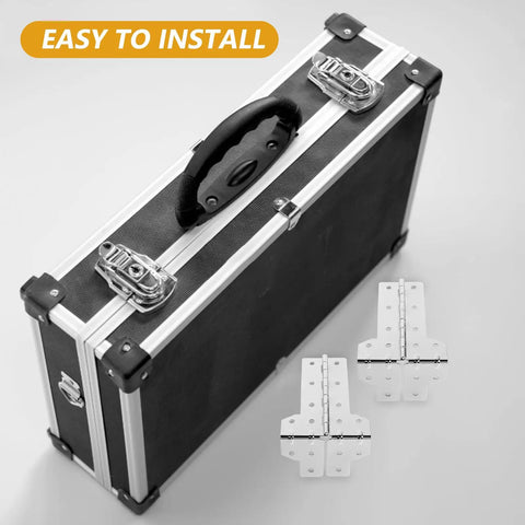 Two Pack Flight Case Corner Hinge Kit with a heavy duty cabinet corner protector, shown beside a black case.
