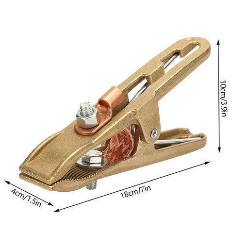 Heavy Duty Brass A-Shape Ground Welding Earth Clamp With Rock Solid Grip For Professional 500A Max Current, 18cm long, 10cm high, brass material.