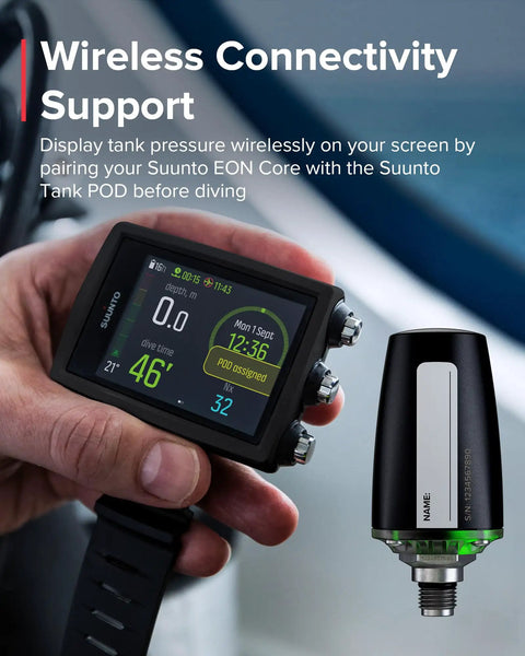 Compact Wrist Dive Computer With USB, Bright High Contrast Screen, Easy To Read Underwater And In Darkness, Long Battery Life shown with wireless connectivity.